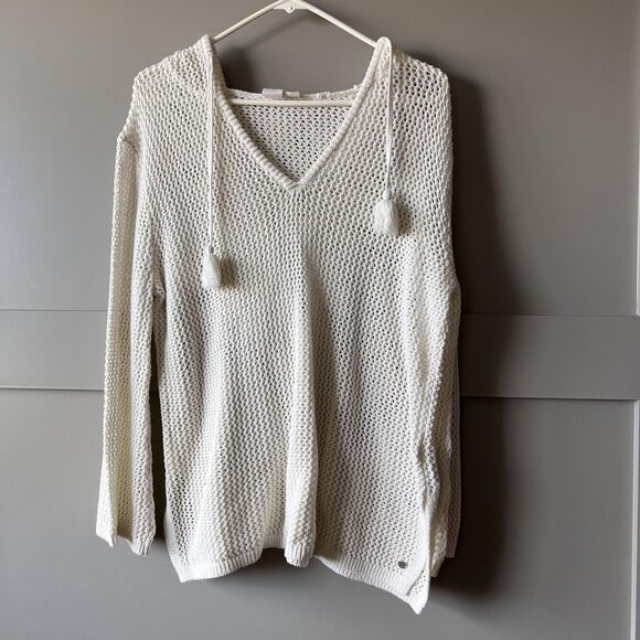 Roxy Sweater Womens Medium White Hooded Pullover Knit Tassel V Neck Beach Cover - Picture 1 of 14